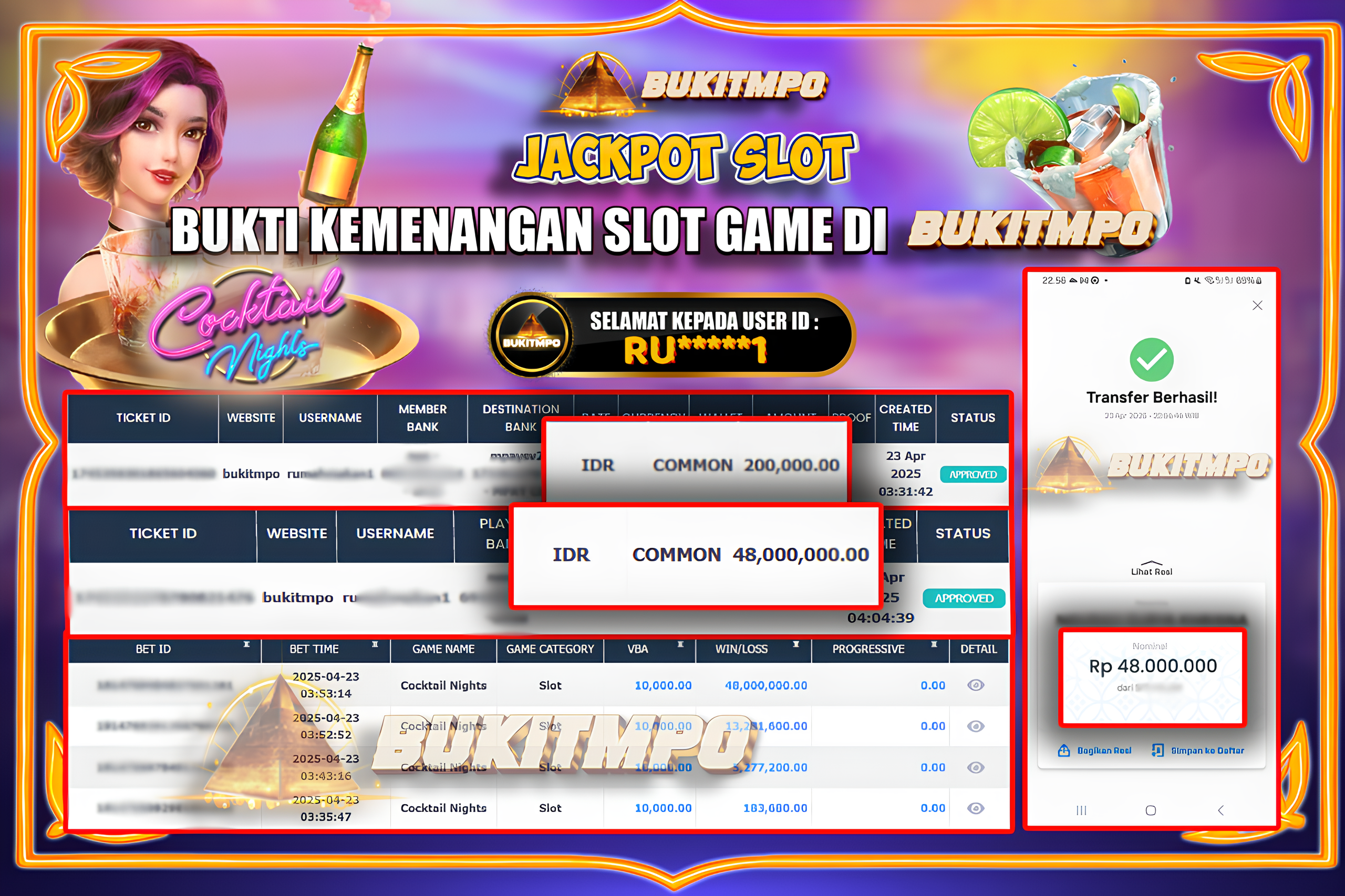 BUKITMPO JACKPOT SLOT Cocktail Night Rp.48.000.000,- LUNAS